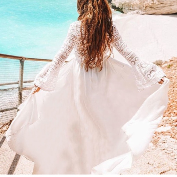 Boho white lace maxi dress cover up waist Kimono - Picture 5 of 9